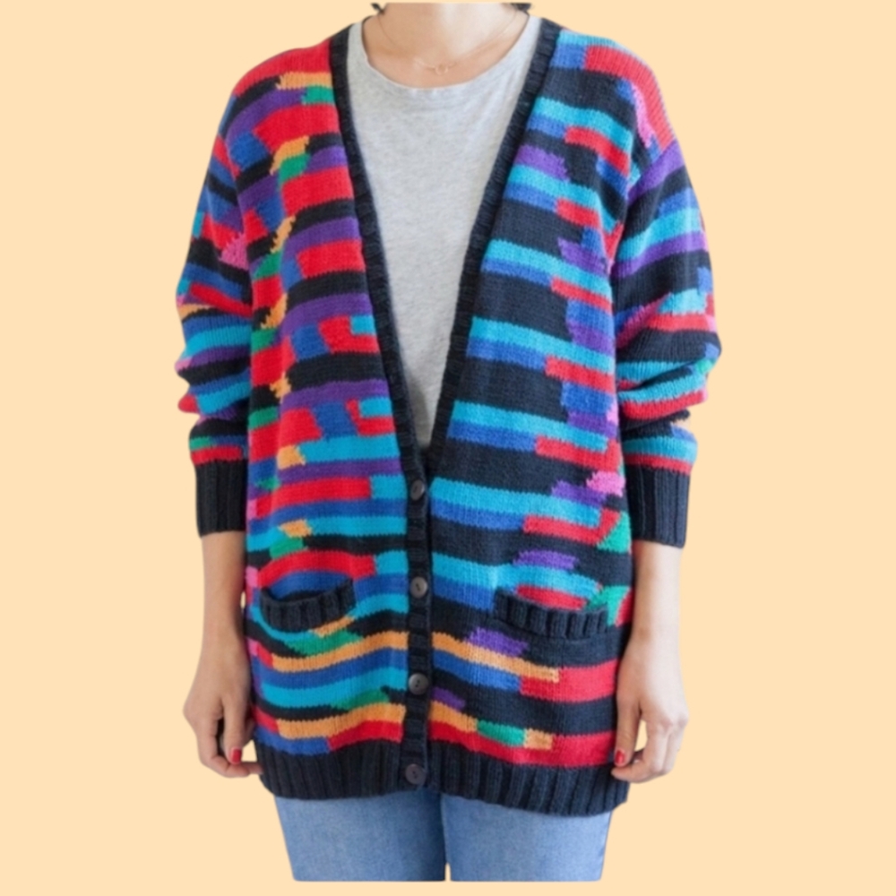 Vtg 80s JH Collectibles Hand Knit Cardigan Sweater Colorful Cotton Slouchy S M